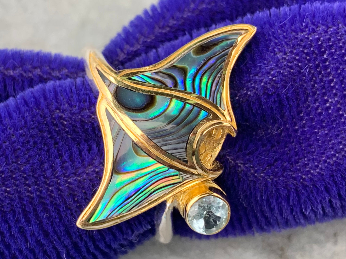 Manta Ray Gold Vermeil Ring. Blue Topaz. Abalone Paua Shell.