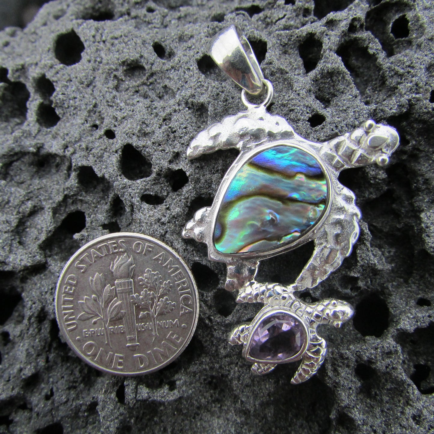 Sea Turtle Necklace Pendant | Paua Abalone Shell | Amethyst | Sterling Silver | Ocean | Beach | Gift | Jewelry | Handmade | Unique