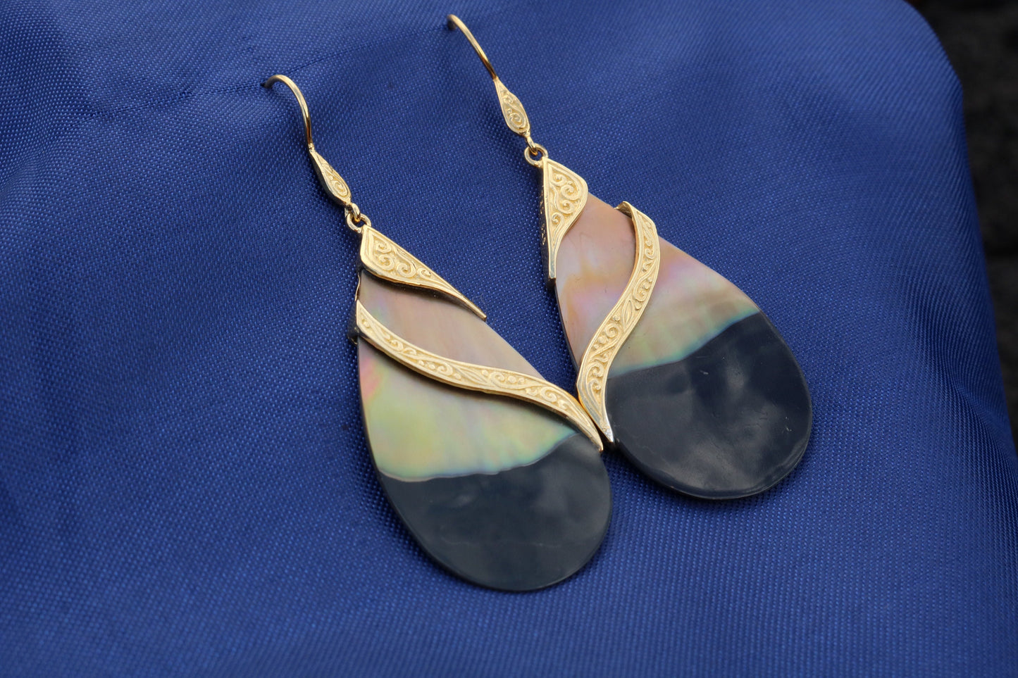 18k Gold Teardrop Black Oyster Shell Earrings Double Tribal Design. Sterling Silver.