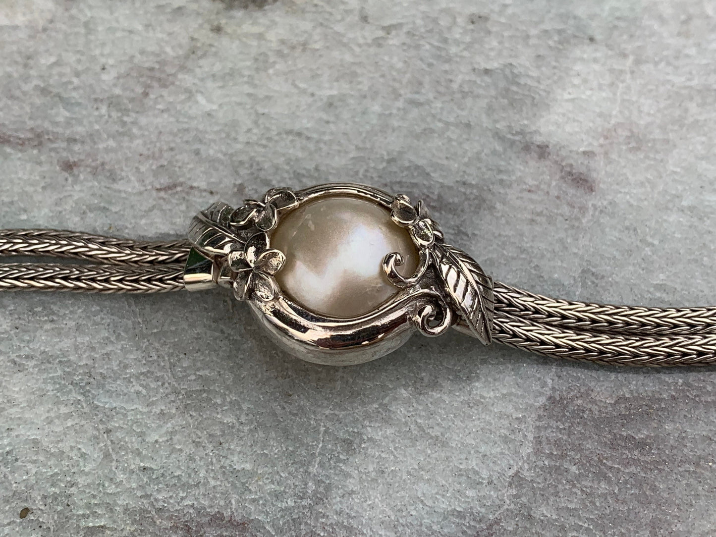 Plumeria Flower White Pearl Mabe Silver Bracelet.