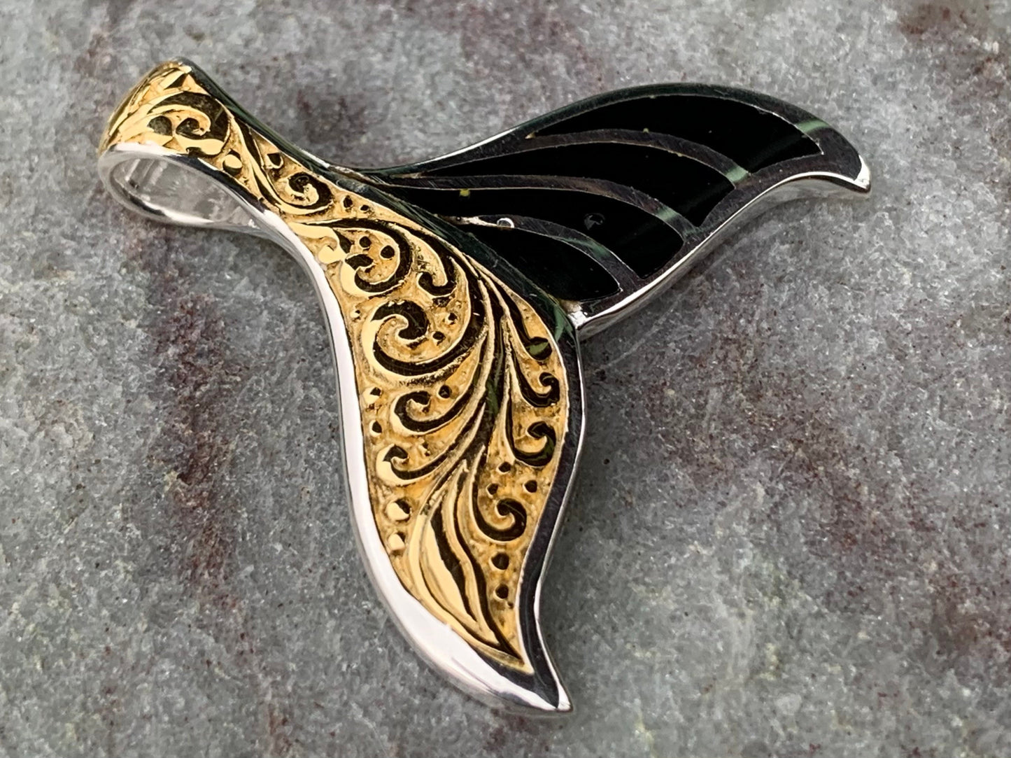 Hawaiian Islands Whale Tail Pendant Necklace. Kauai, Oahu, Maui, Big Island of Hawaii. Gold, Silver, Mother of Pearl.