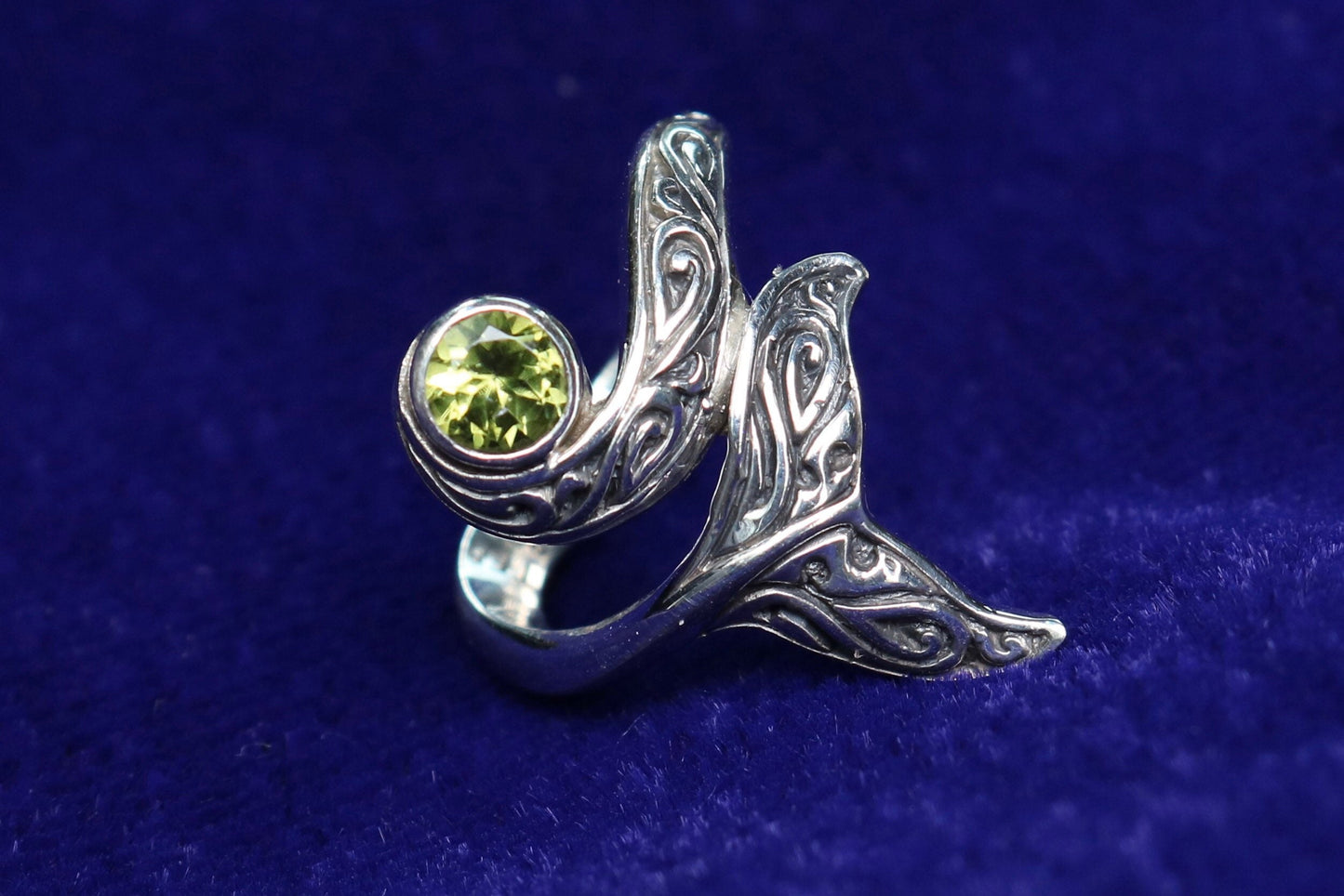 Whale Tail Ring Tribal Polynesian Tattoo Design. Peridot. Sterling Silver.