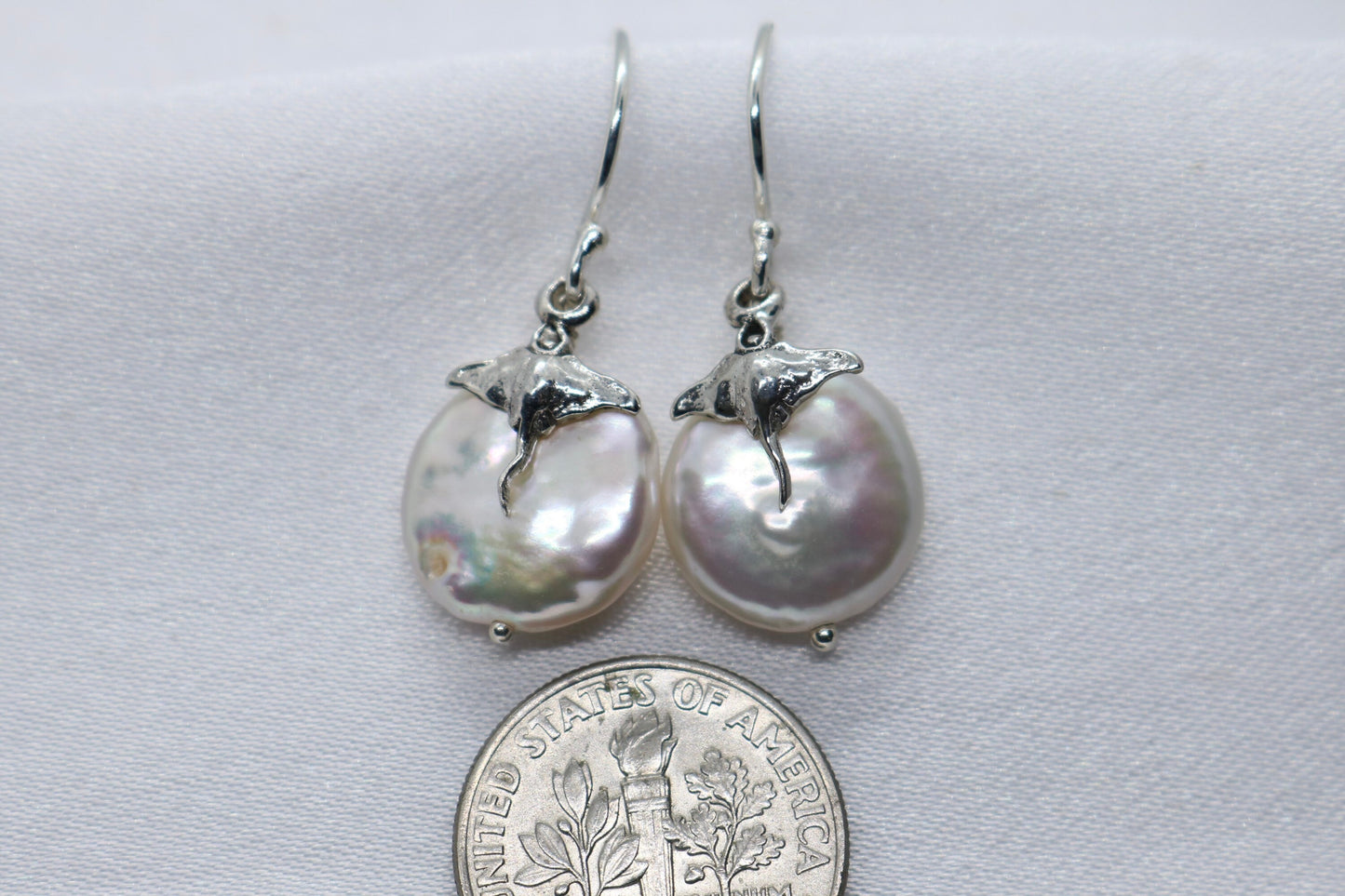 Manta Ray Pearl Silver charm coin earrings