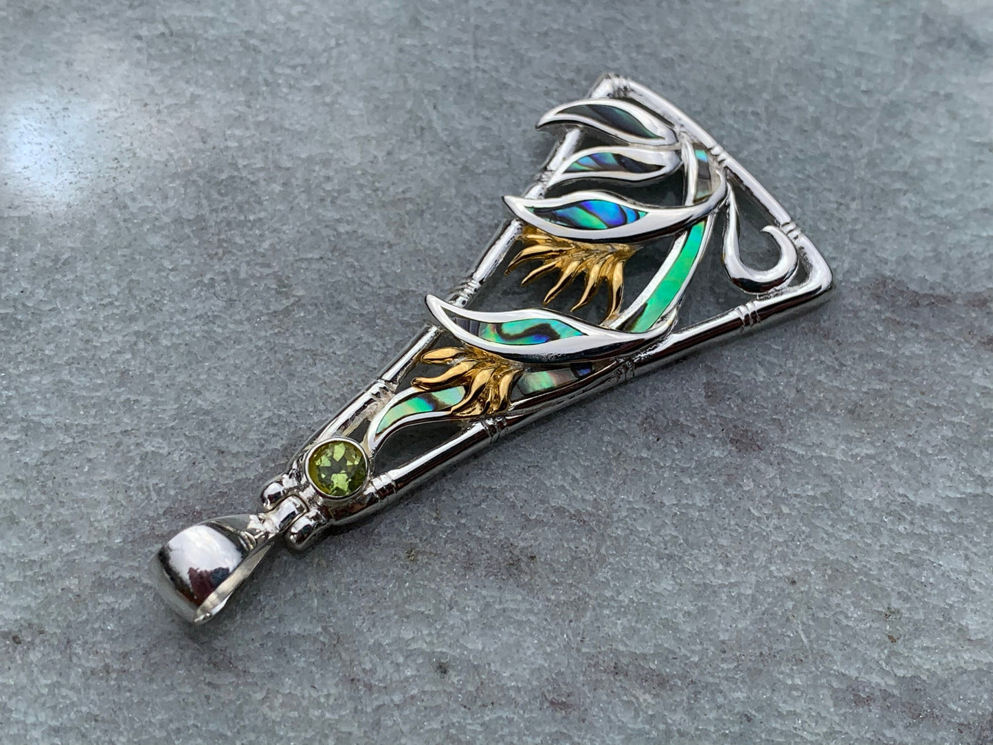Bird of Paradise Flower Peridot Silver Gold Shell Necklace Pendant