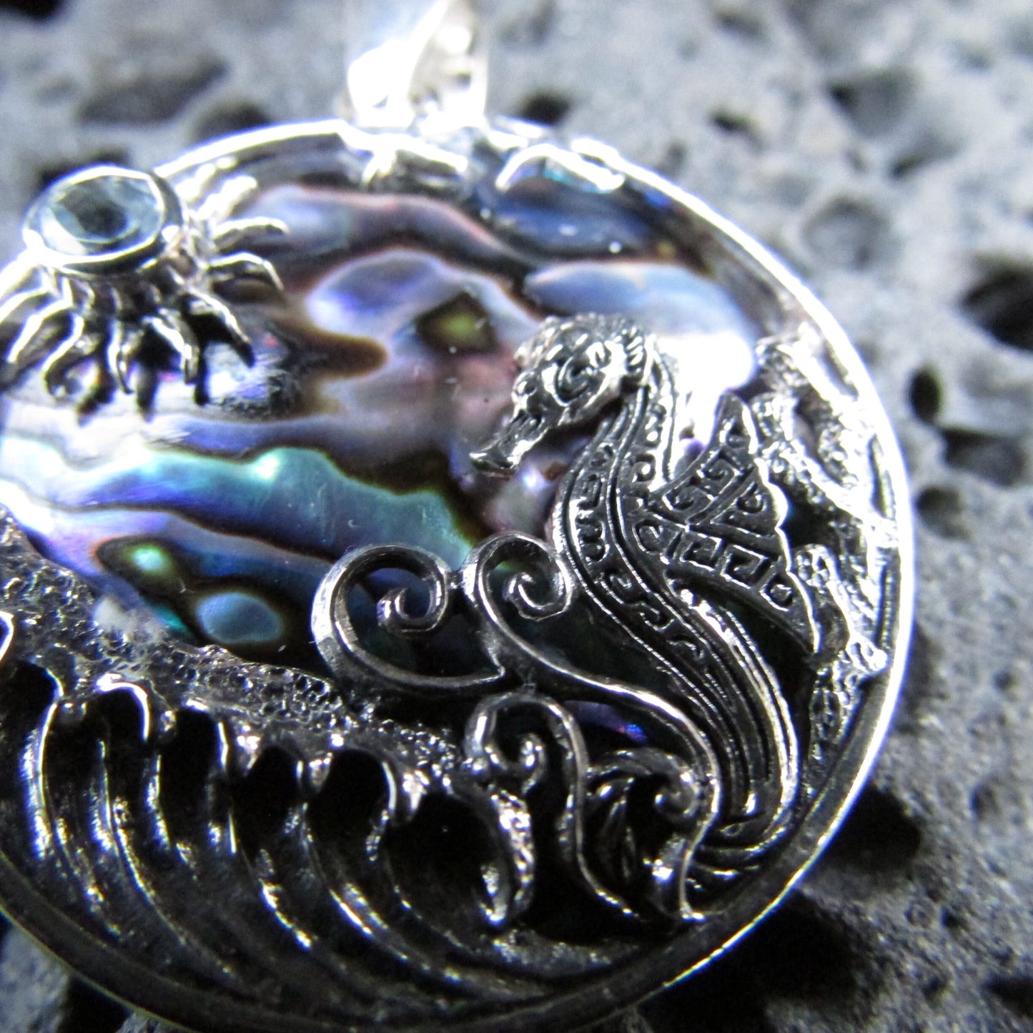 Seahorse Wave Necklace Pendant | Blue Topaz | Paua Abalone Shell | Sterling Silver | From Hawaii | Unique | Handmade