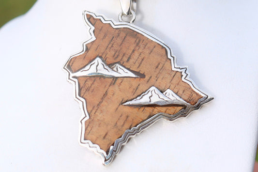 Big Island of Hawaii Mountains. Mauna Kea and Mauna Loa Pendant Necklace. Hawaiian Koa Wood. Sterling Silver.