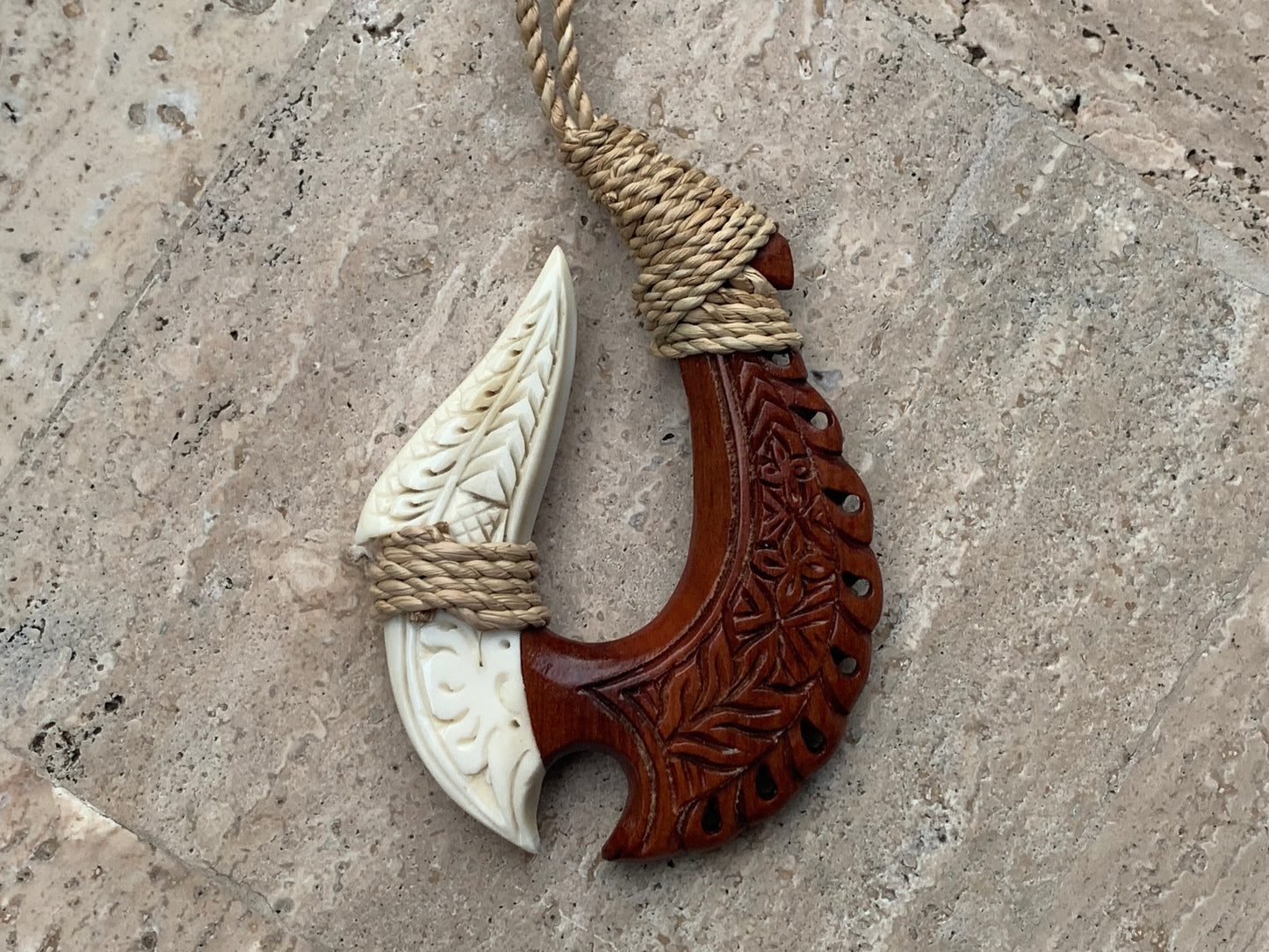 Hawaiian Makau Polynesian Matau Maui Carved Fish Hook Necklace. Bone, Wood.