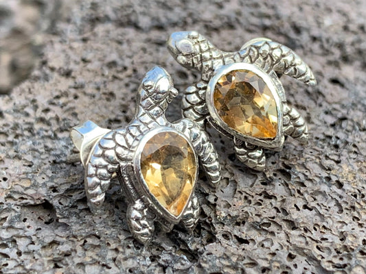Turtle Charm Citrine Stud Earrings Sterling Silver