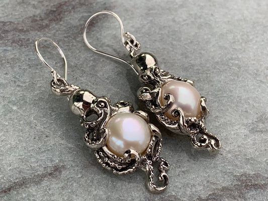 Octopus White Mabe Pearl Silver Earrings