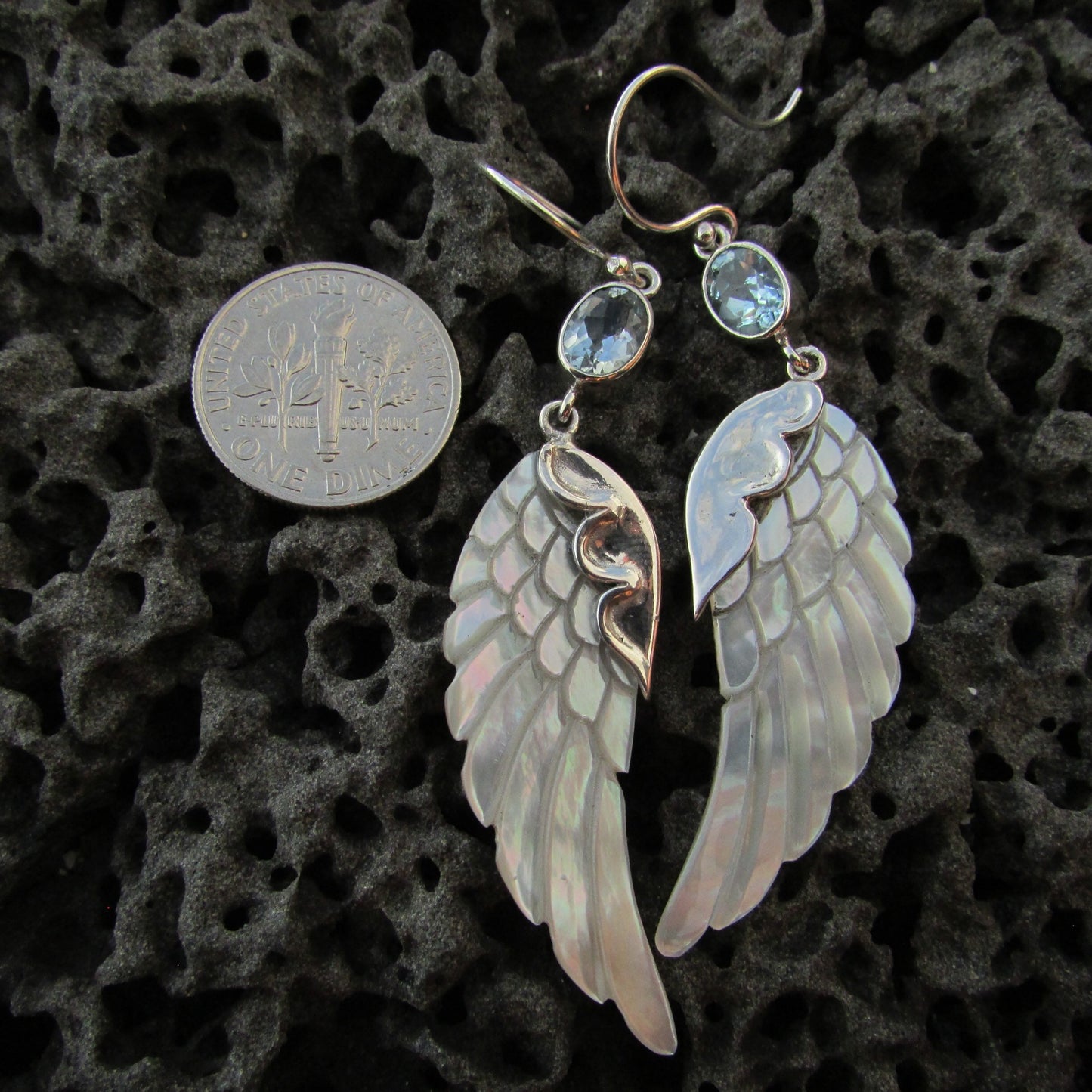 Angel Wings Earrings. Mother of Pearl. Blue Topaz. Sterling Silver.