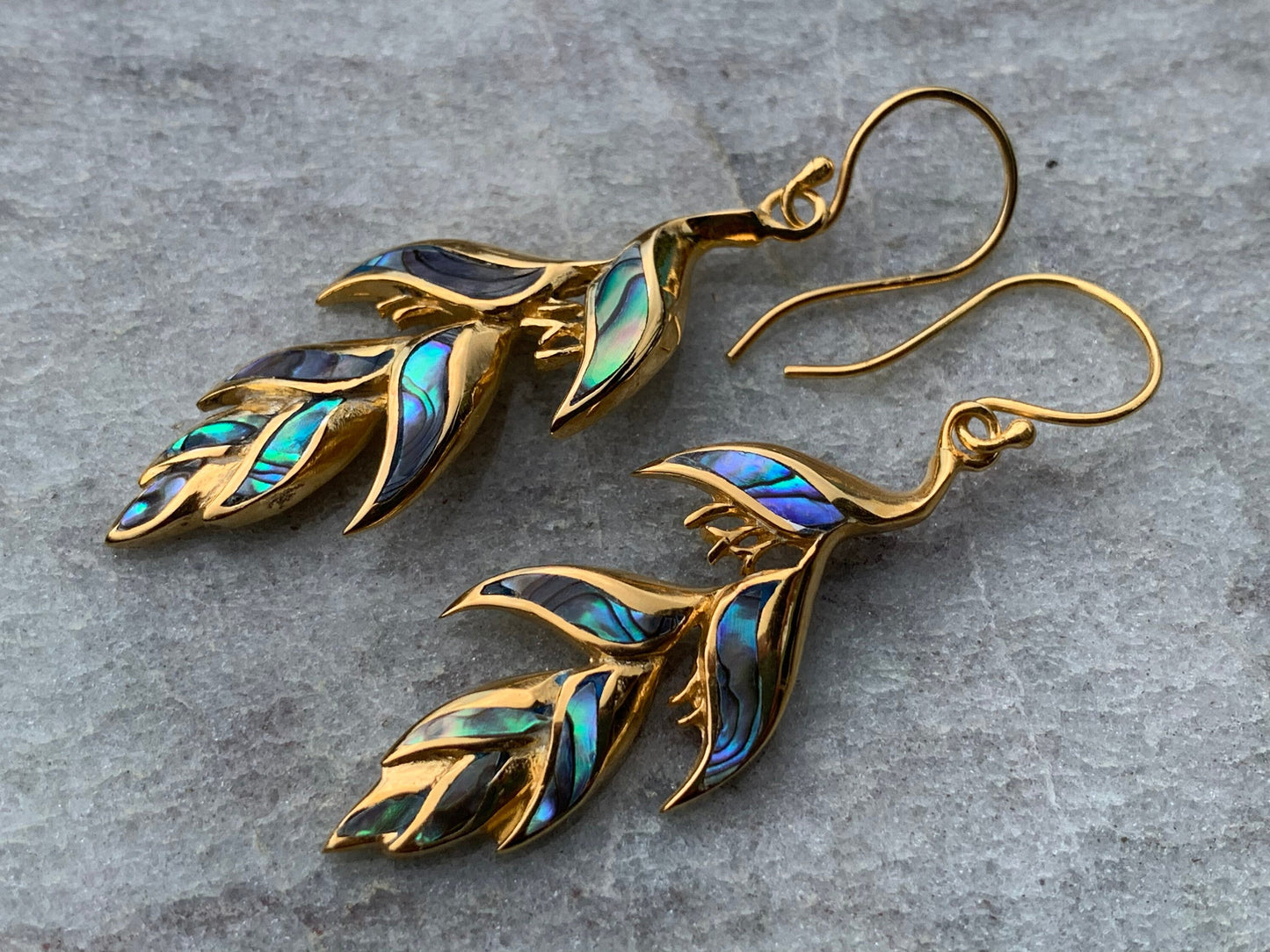 18K Gold Vermeil Heliconia Flower Earrings. Abalone Shell.