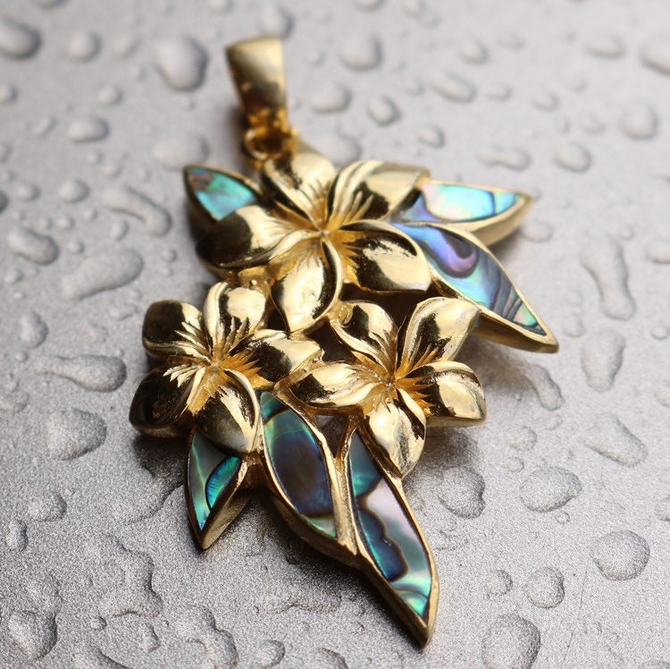 Plumeria Flowers Necklace Pendant. 18k Gold Vermeil. Abalone Paua Shell.