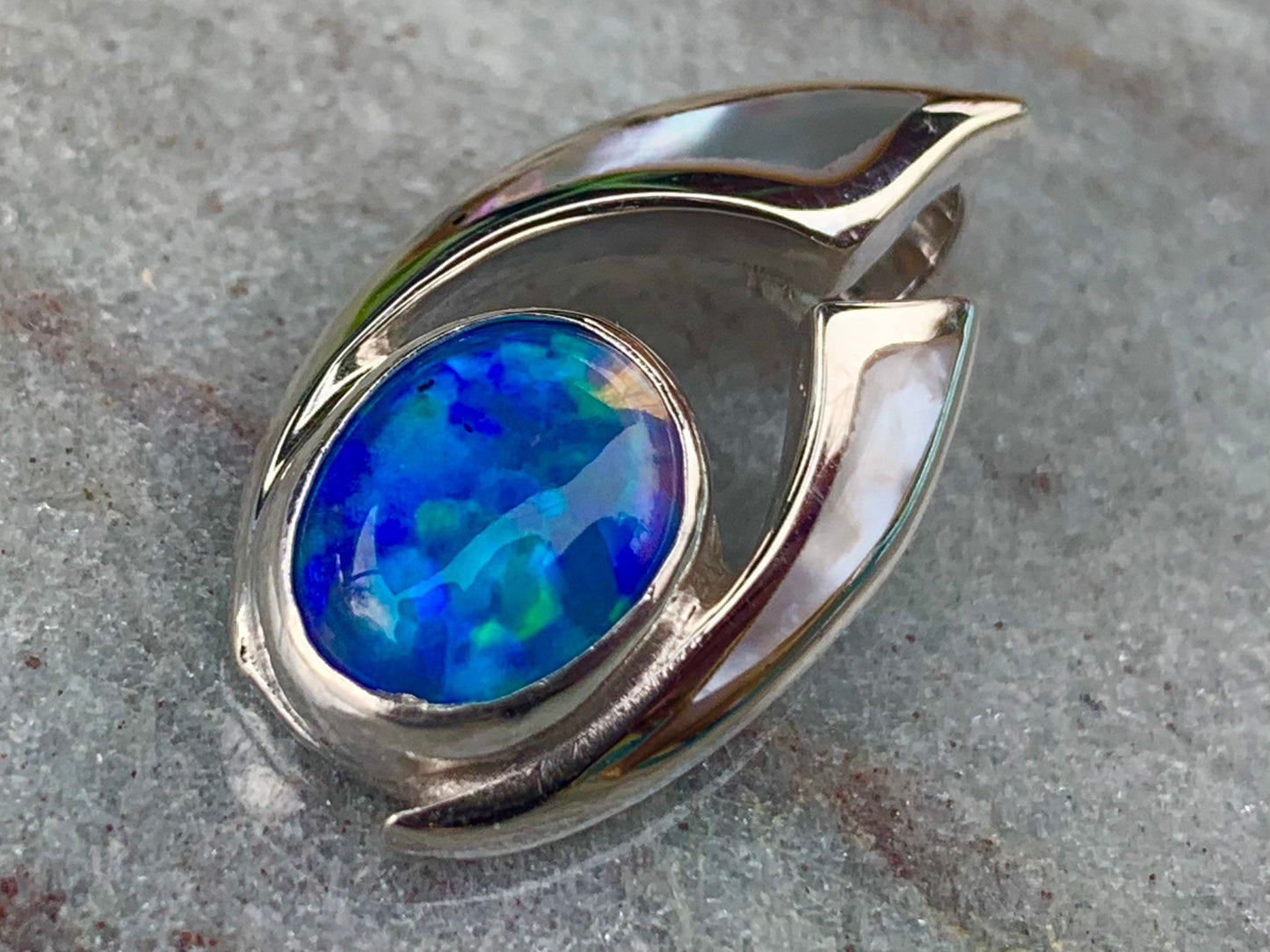 Opal Ocean Wave Pendant Necklace. Mother of Pearl, Sterling Silver.