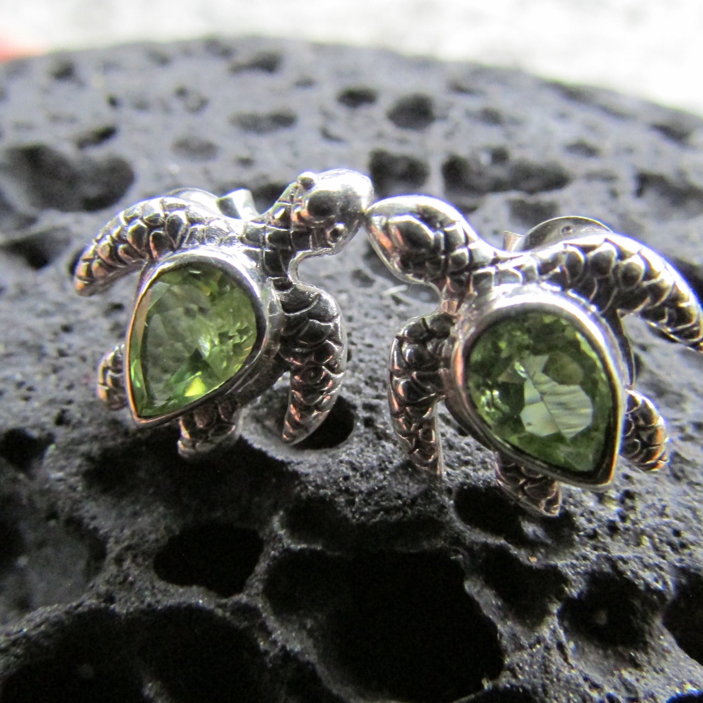 Sea Turtle Stud Earrings | Sterling Silver | Peridot | Ocean | Beach | Gift | Jewelry | Handmade | Unique