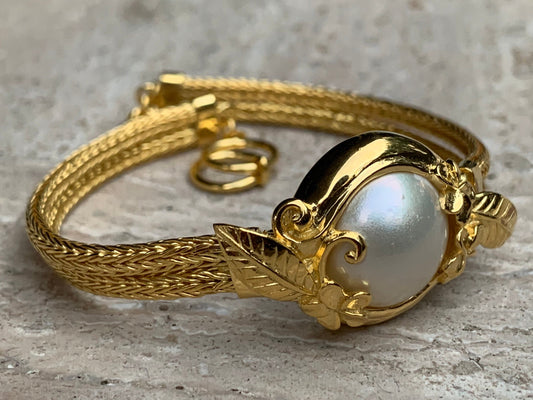 18K Gold Vermeil Plumeria Flower Bracelet. White Mabe Pearl.