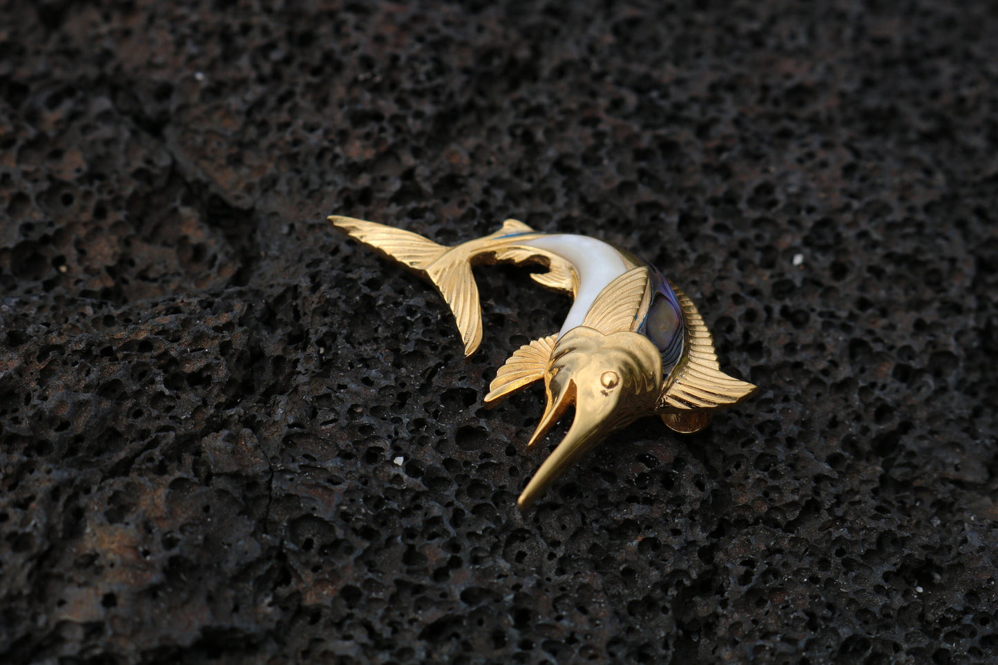 18K Gold Vermeil Aumakua Marlin Fish Necklace Pendant. Abalone Paua Shell, Mother of Pearl. Gift for Real Fisherman. Billfisher Kona.