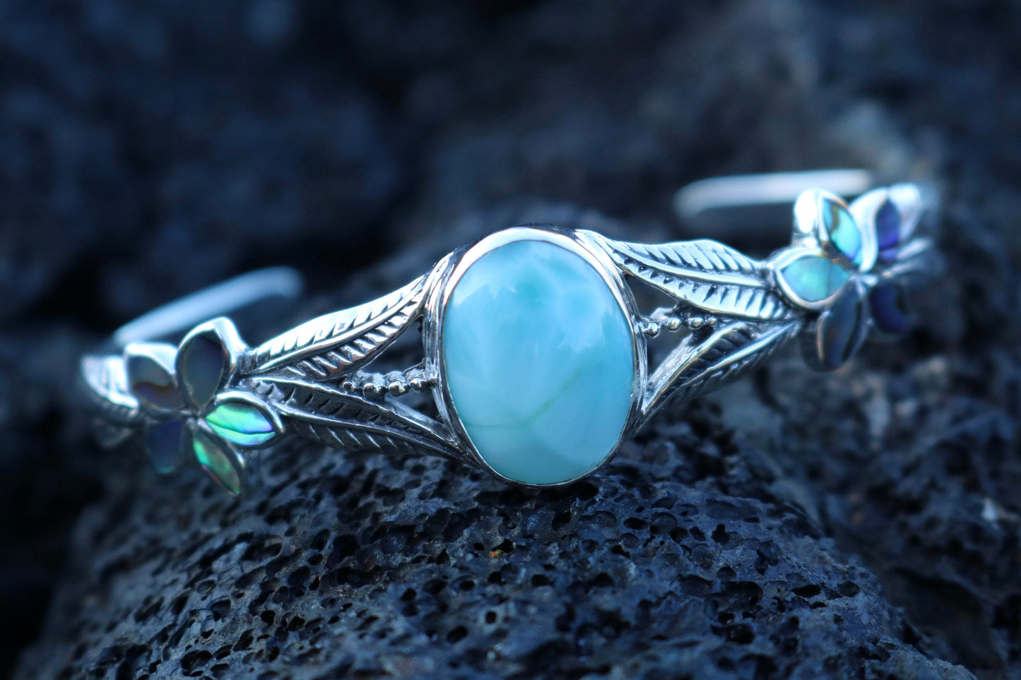Larimar Cuff Bracelet with Plumeria Flower. Abalone Paua Shell and Sterling Silver.