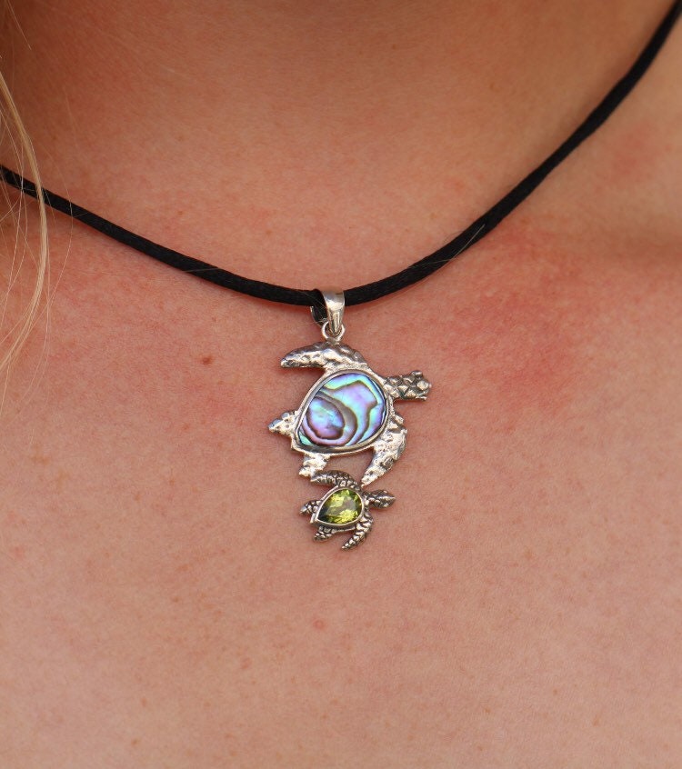 Turtle Necklace Pendant | Peridot | Paua Abalone Shell | Sterling Silver | Ocean | Beach | Gift | Jewelry | Handmade | Unique