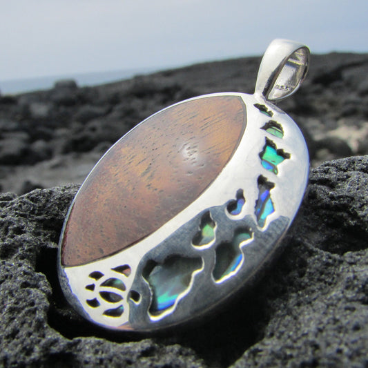 Hawaii Islands Chain Necklace Pendant Small | Koa Wood | Paua Abalone Shell | Sterling Silver | Ocean | Beach | Gift | Jewelry | Handmade