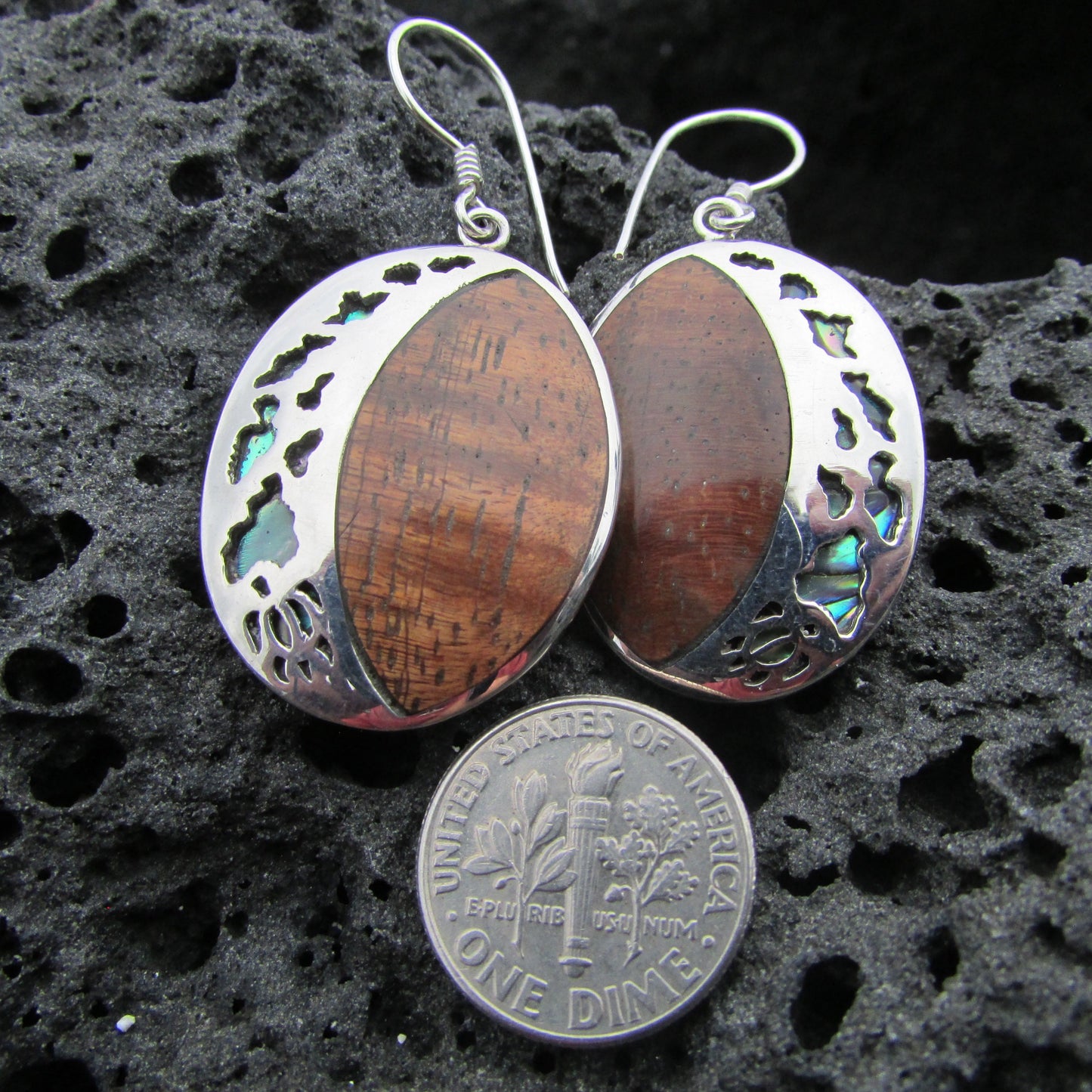 Hawaii Island Chain Earrings | Koa Wood | Sterling Silver | Abalone Paua Shell | Ocean | Beach | Gift | Jewelry | Handmade | Unique