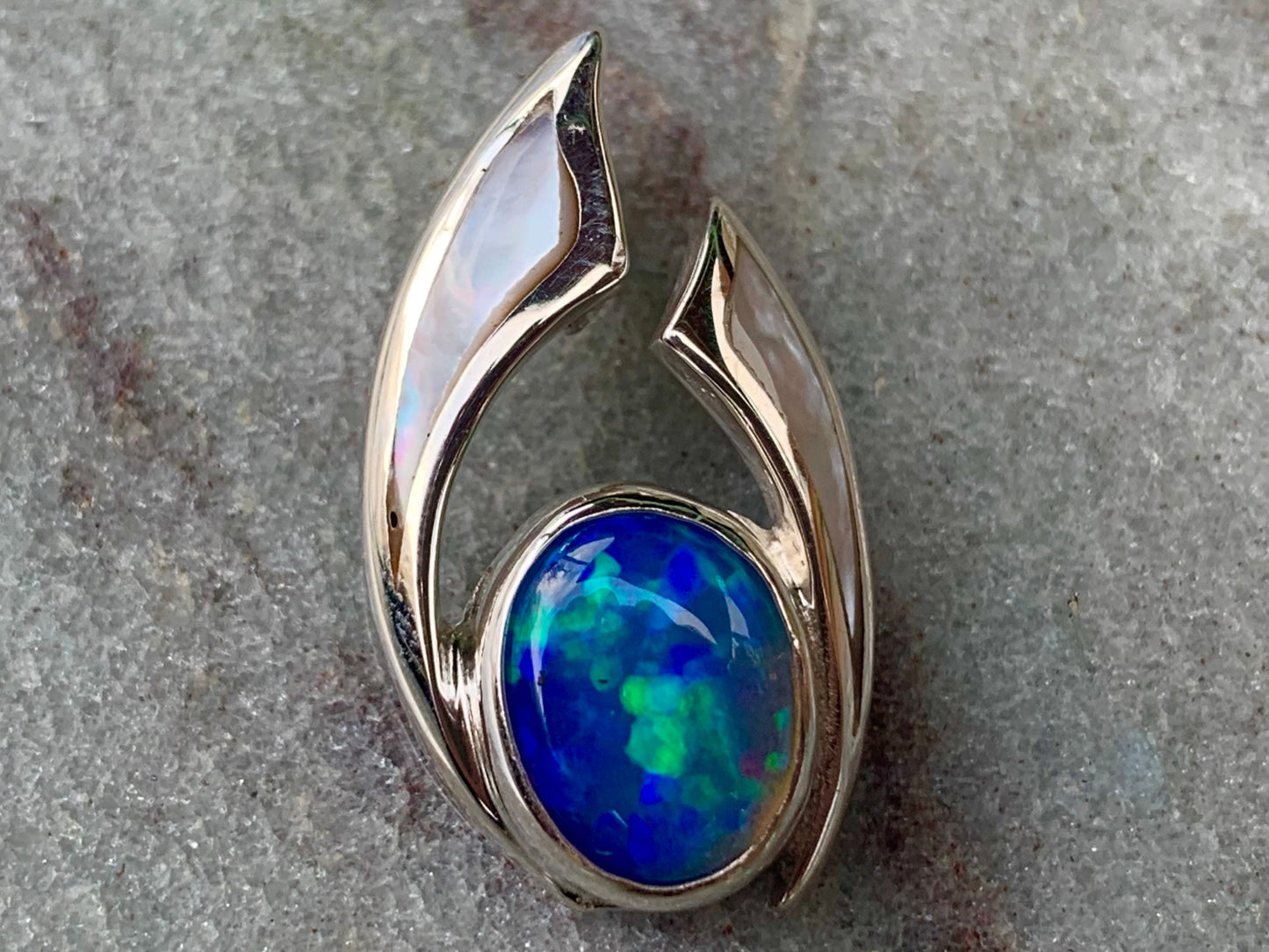 Opal Ocean Wave Pendant Necklace. Mother of Pearl, Sterling Silver.