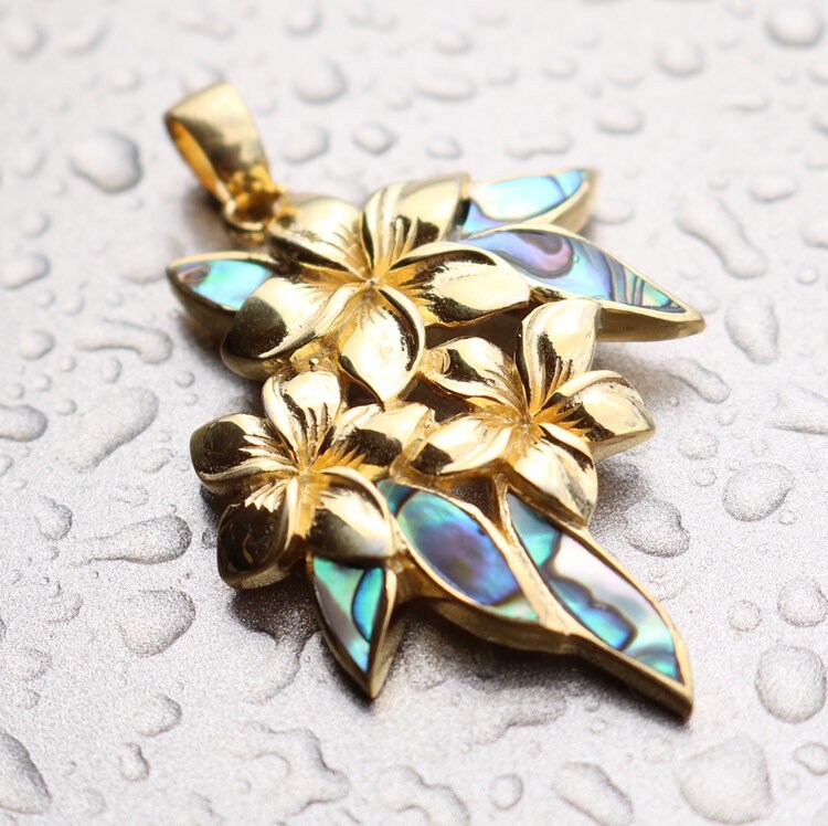 Plumeria Flowers Necklace Pendant. 18k Gold Vermeil. Abalone Paua Shell.