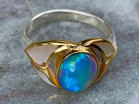 Opal Ocean Wave 18k Gold Vermeil and Silver, Mother of Pearl Ring