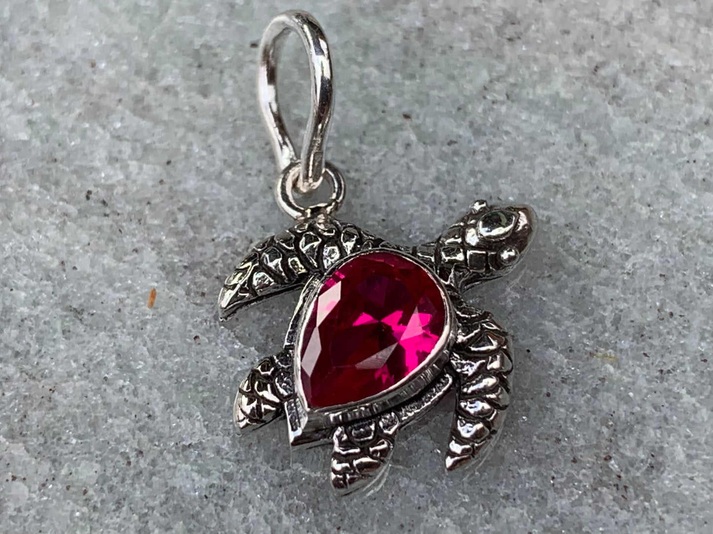 Ruby turtle charm pendant necklace. Sterling silver.