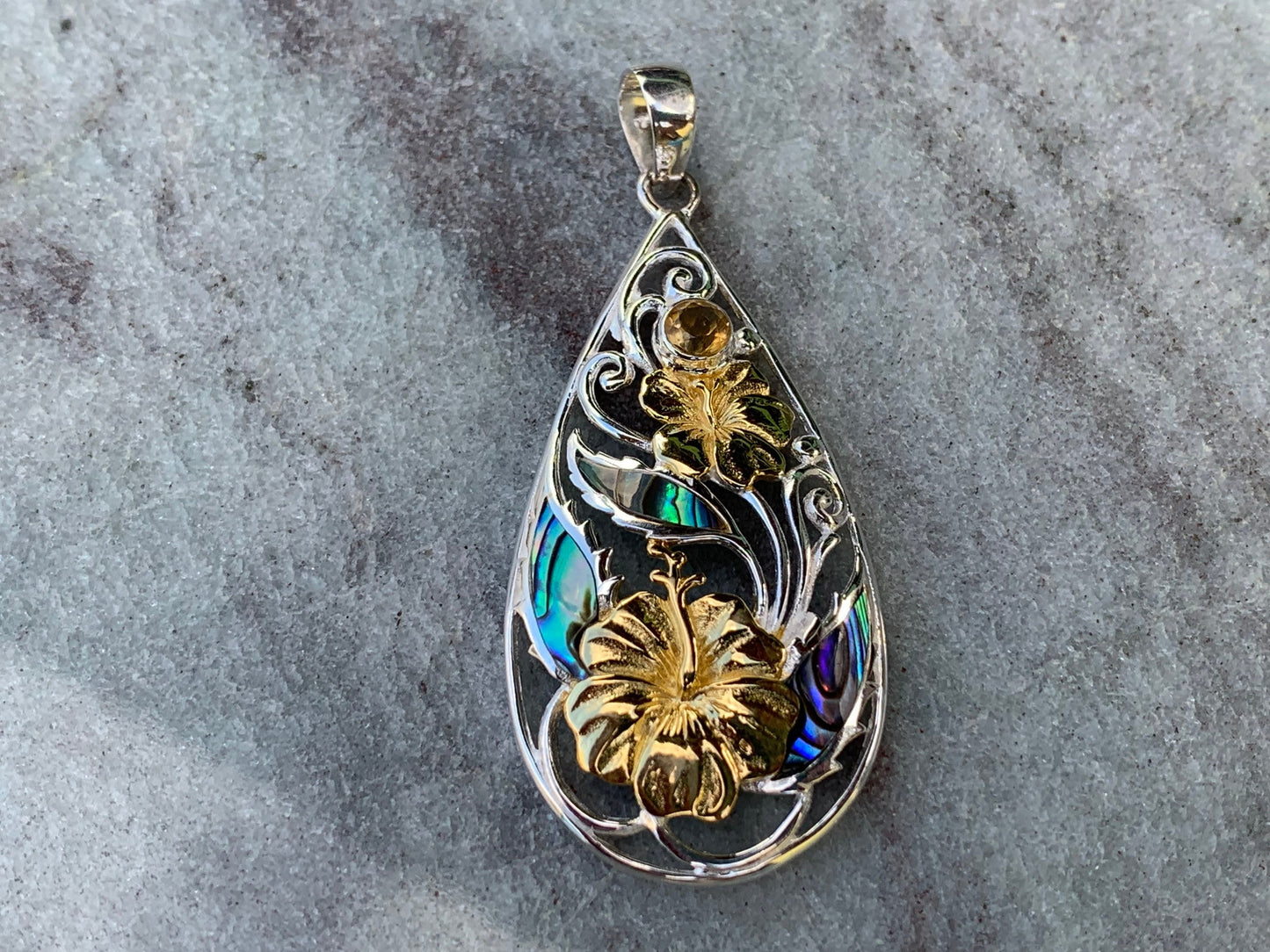 Hibiscus Flower Necklace Pendant. State Flower of Hawaii. Silver, Gold, Abalone Shell, Citrine.