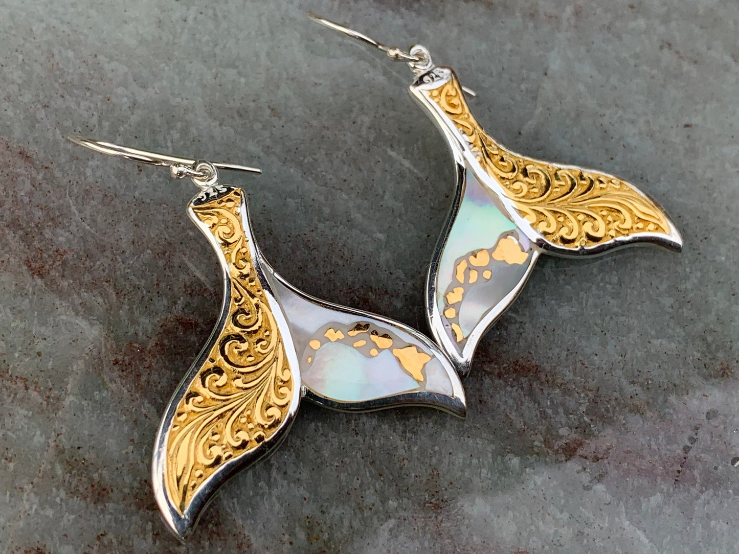 Hawaiian Islands Whale Tail Earrings. Kauai, Oahu, Maui, Big Island of Hawaii. Gold, Silver, Mother of Pearl.