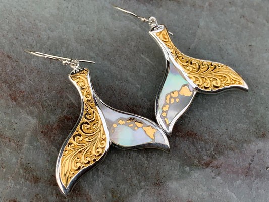 Hawaiian Islands Whale Tail Earrings. Kauai, Oahu, Maui, Big Island of Hawaii. Gold, Silver, Mother of Pearl.