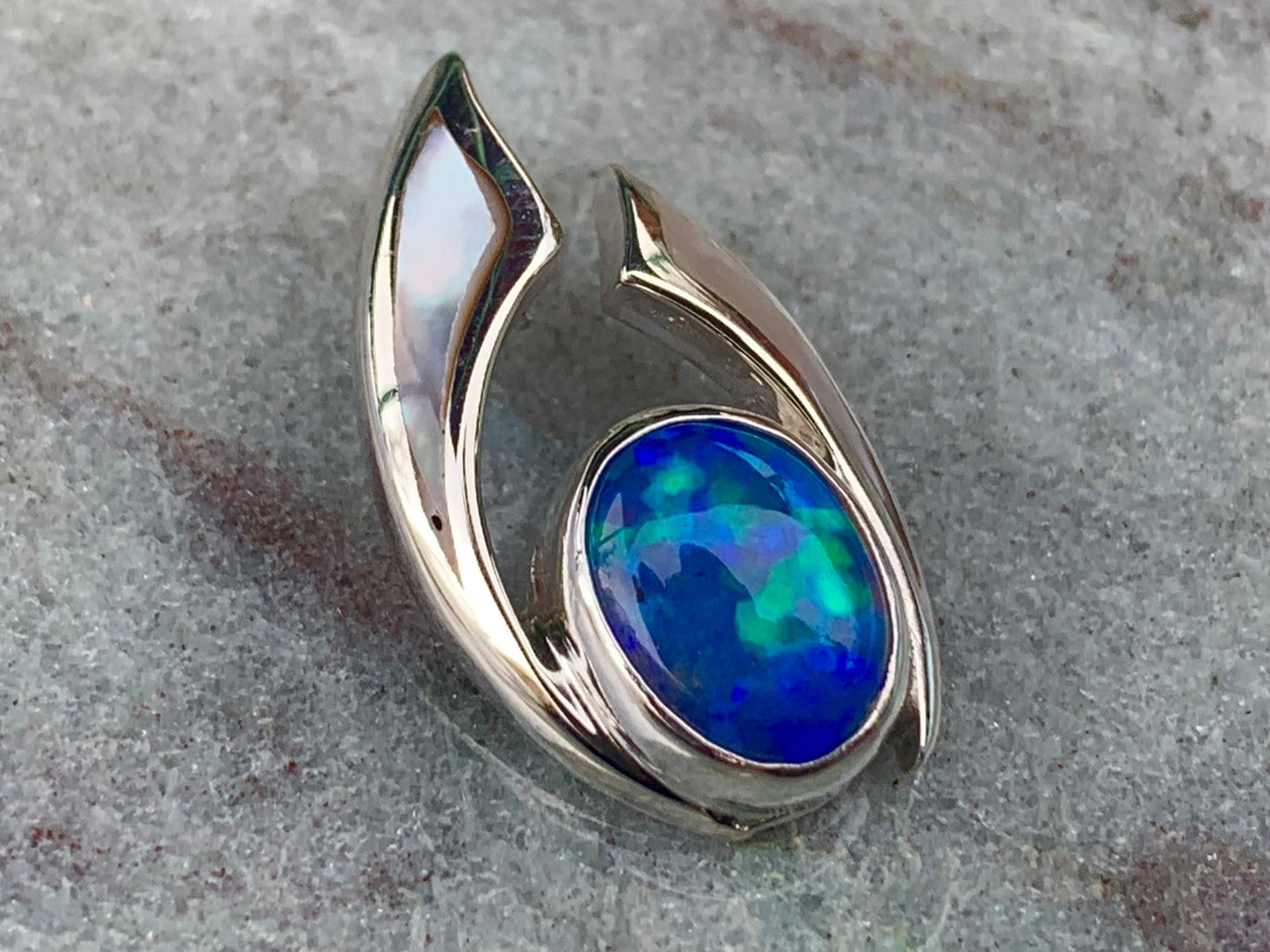 Opal Ocean Wave Pendant Necklace. Mother of Pearl, Sterling Silver.