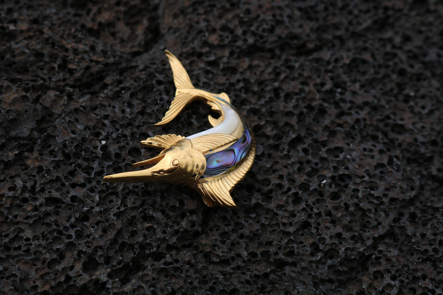 18K Gold Vermeil Aumakua Marlin Fish Necklace Pendant. Abalone Paua Shell, Mother of Pearl. Gift for Real Fisherman. Billfisher Kona.
