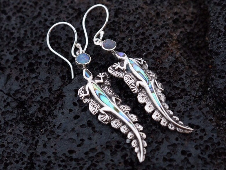 Lizard Salamander Hawaiian Gecko Aumakua Handmade Earrings. Rainbow Opal, Abalone Paua Shell, Sterling Silver.
