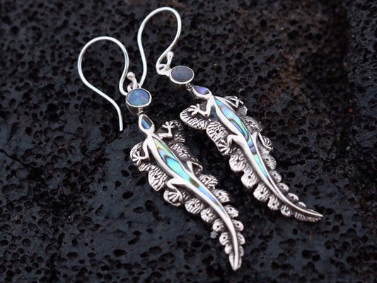 Lizard Salamander Hawaiian Gecko Aumakua Handmade Earrings. Rainbow Opal, Abalone Paua Shell, Sterling Silver.
