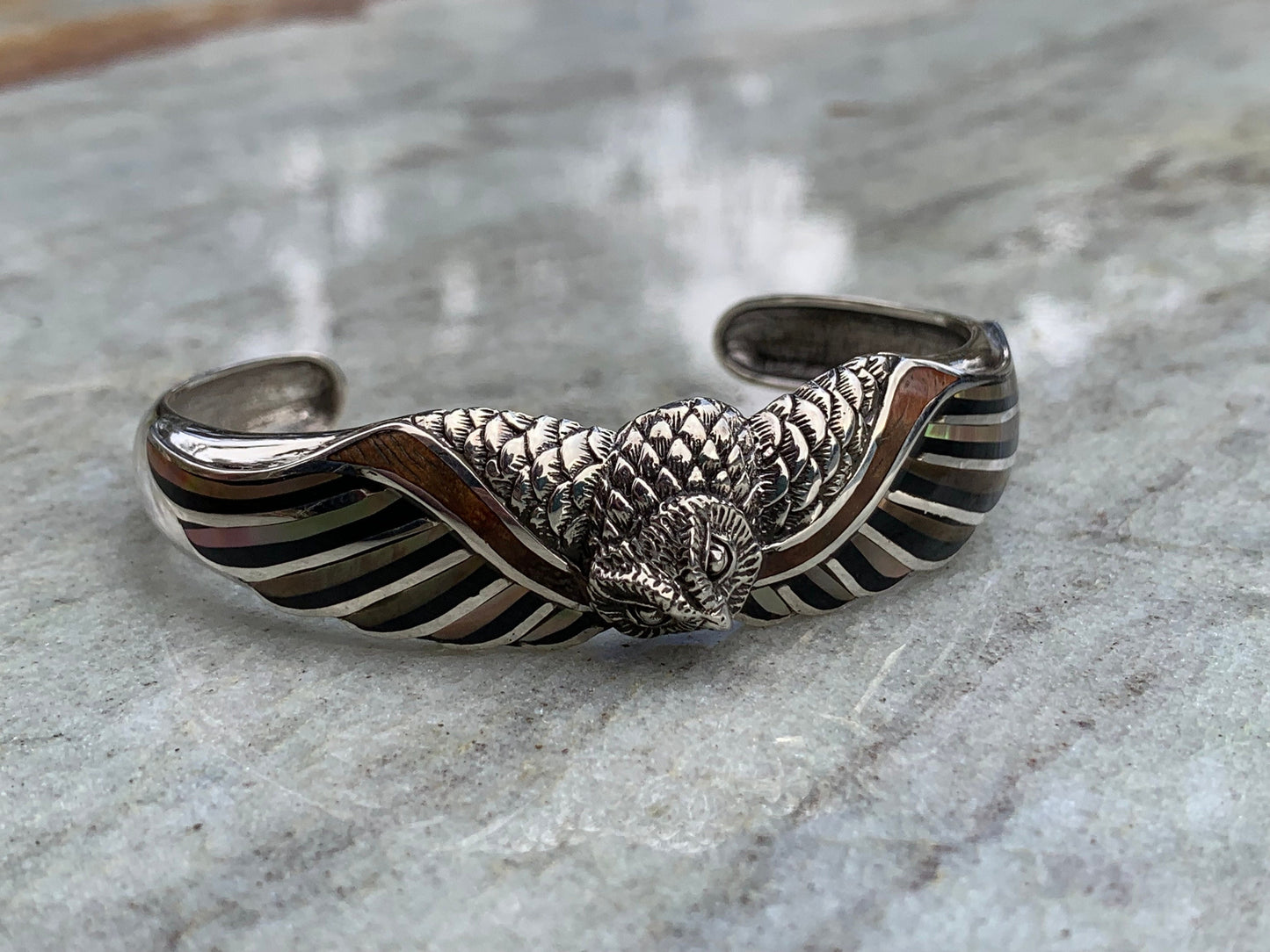 Owl cuff bracelet. Hawaiian Koa Wood. Mother of Pearl, Black Lip Oyster Shell, Sterling Silver.