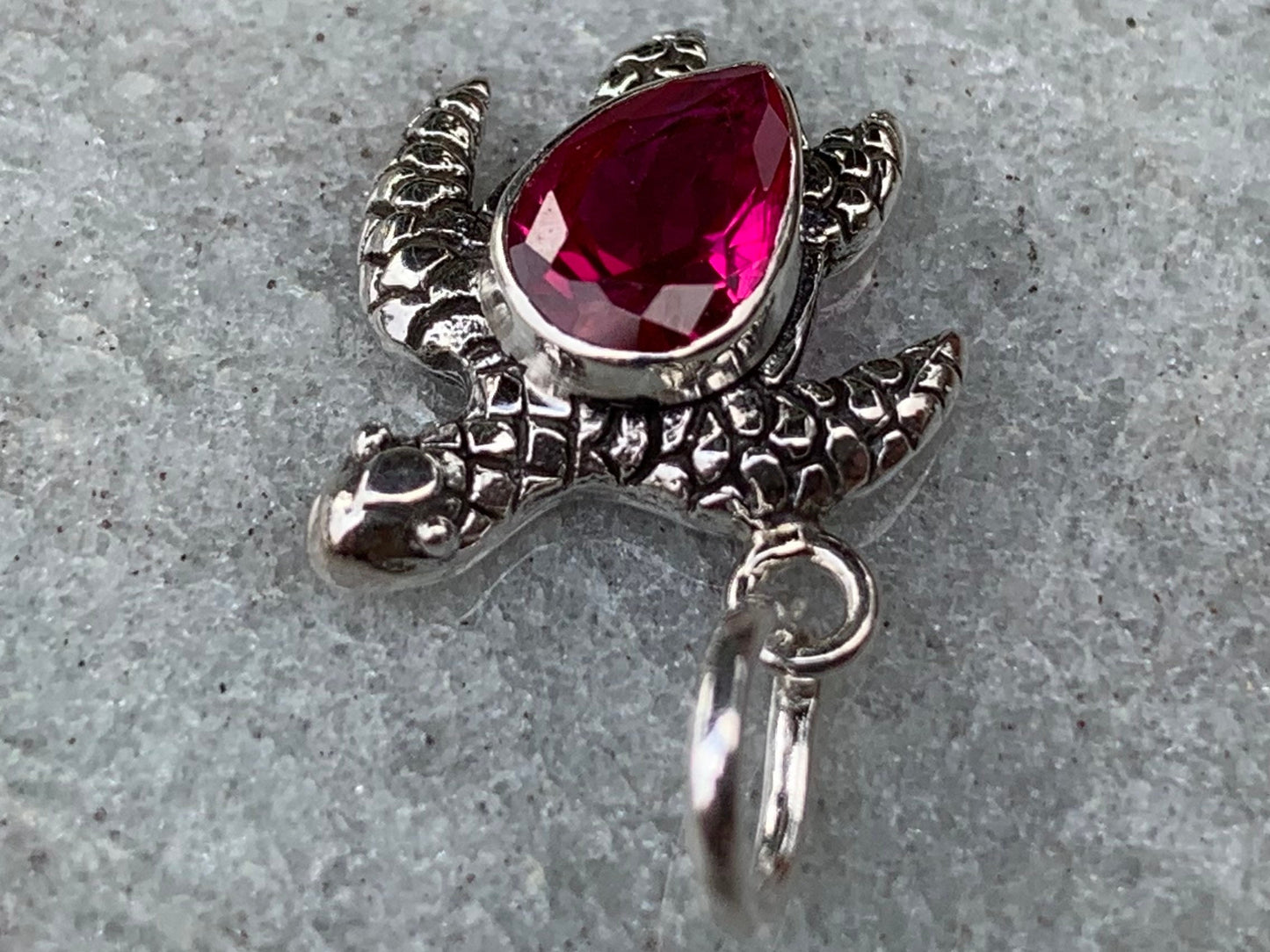 Ruby turtle charm pendant necklace. Sterling silver.