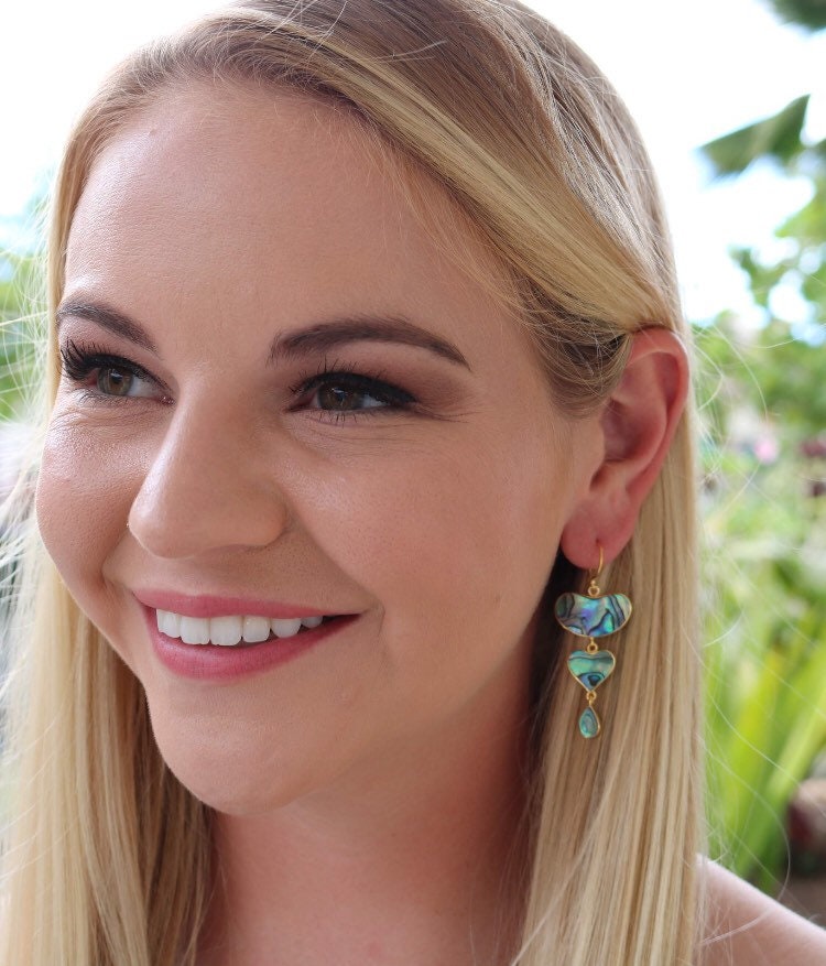 Heart Teardrop Earrings. Abalone Paua Shell. Sterling Silver.