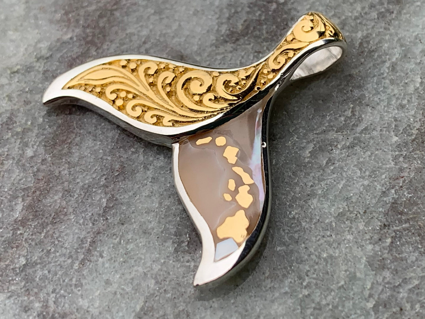 Hawaiian Islands Whale Tail Pendant Necklace. Kauai, Oahu, Maui, Big Island of Hawaii. Gold, Silver, Mother of Pearl.
