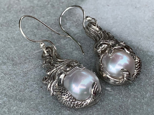 Mermaid White Mabe Pearl Silver Earrings