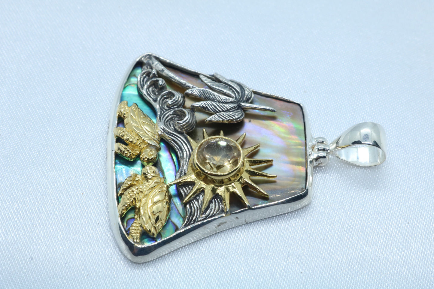Sun Wave Beach Palm Tree Turtle Play Necklace Pendant. Silver, Gold, Abalone Shell, Citrine.