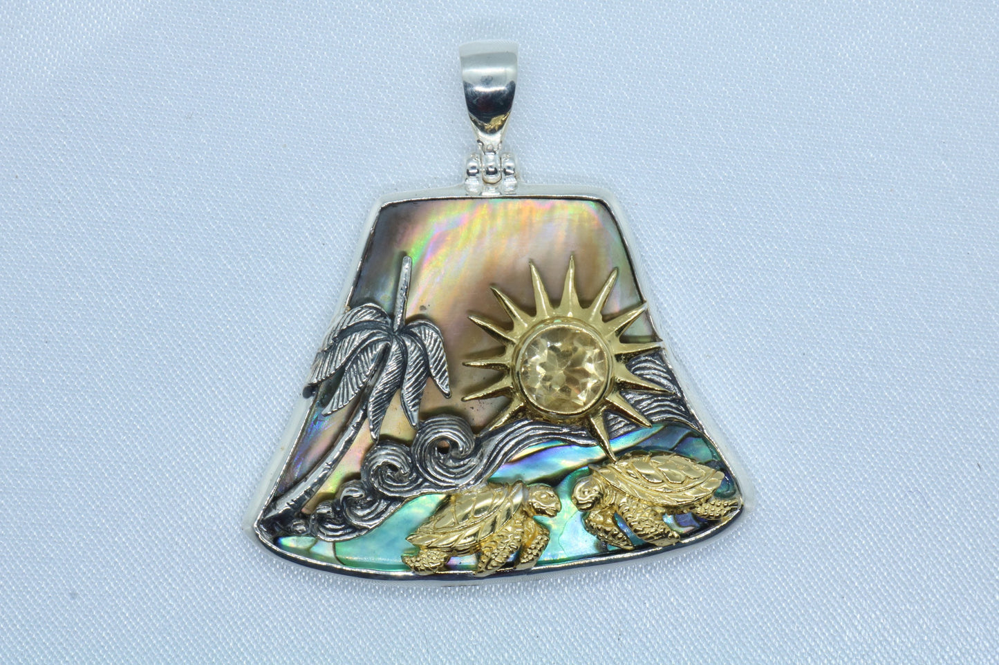 Sun Wave Beach Palm Tree Turtle Play Necklace Pendant. Silver, Gold, Abalone Shell, Citrine.