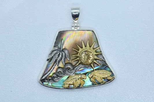 Sun Wave Beach Palm Tree Turtle Play Necklace Pendant. Silver, Gold, Abalone Shell, Citrine.