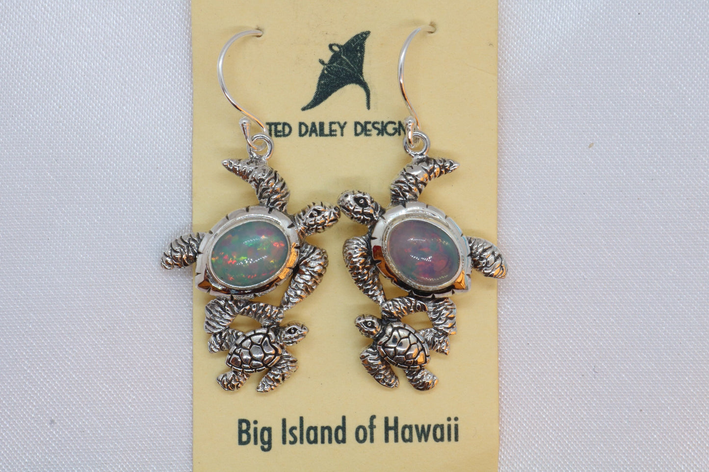 Opal Turtle Hawaiian Honu Mom and Baby Silver Earrings