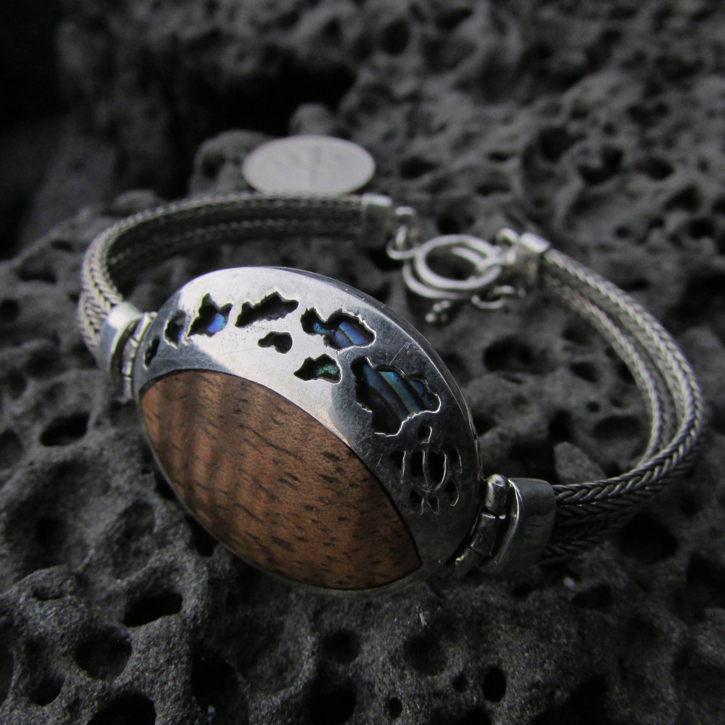 Hawaii Islands Woman's Bracelet (8 Islands) with Turtle Honu | Hawaiian Koa Wood | Abalone Paua Shell | Sterling Silver