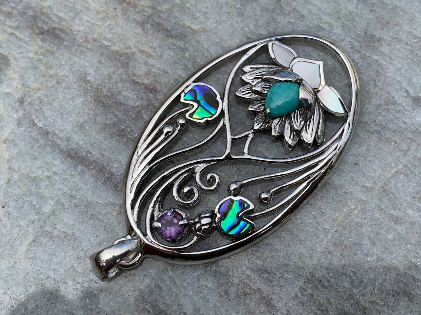 Turquoise Amethyst Lotus Necklace Pendant. Sterling Silver. Abalone Shell, Mother of Pearl.