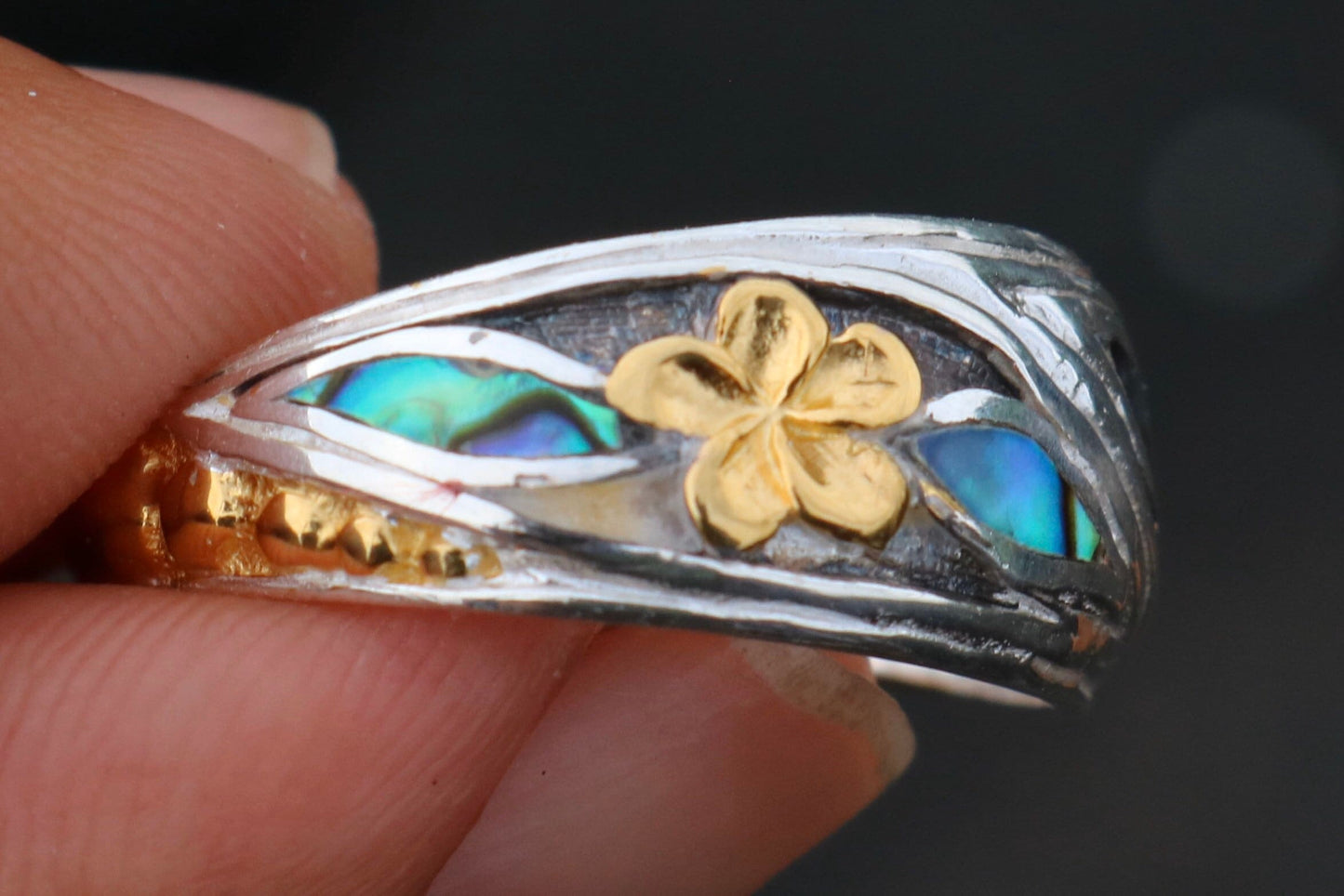18K Gold Vermeil Plumeria Ring. Sterling Silver, Abalone Shell.