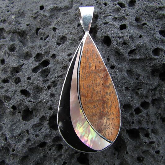 Teardrop Necklace Pendant | Black Ouster Shell | Sterling Silver | Koa Wood | Gift | Jewelry | Handmade | Unique