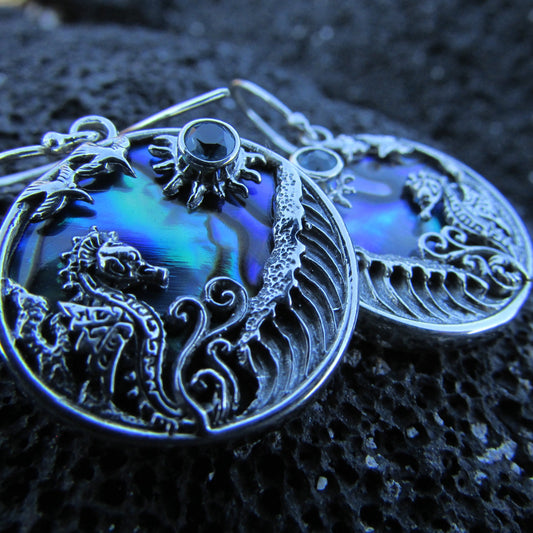 Seahorse Wave Earrings | Blue Topaz | Paua Shell | Sterling Silver | Ocean | Beach | Gift | Jewelry | Handmade | Unique
