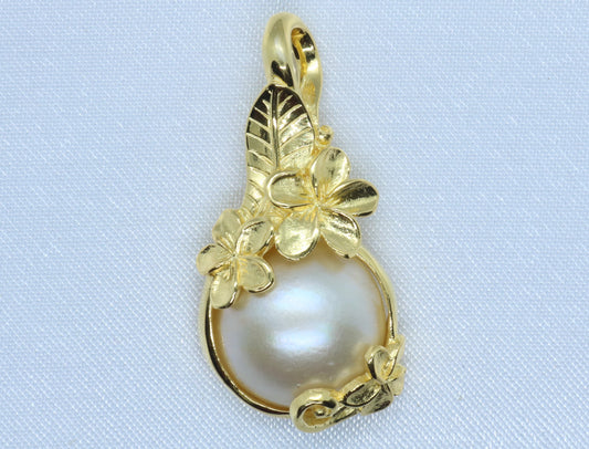 Plumeria Flower 18k Gold Vermeil Mabe White Pearl Necklace Pendant